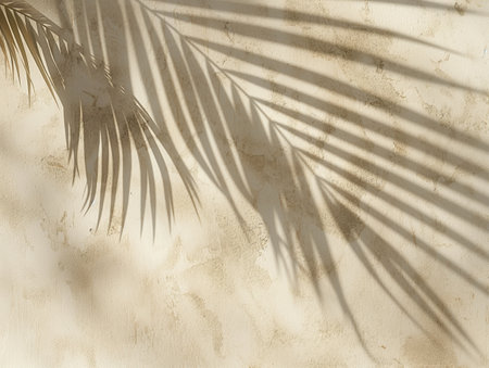 Shadows of palm leaves cast on a textured, sunlit wall, creating a serene and tropical atmosphere.の素材