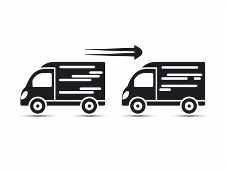 Black and white icon of two delivery trucks with a speed arrow, symbolizing fast shipping.の素材