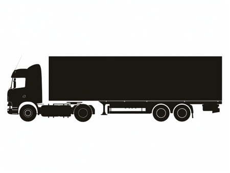 Black silhouette of a semi-truck on a white background, representing transportation and logistics.の素材