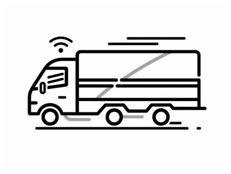 Minimalist line art of a smart delivery truck with wireless connectivity symbol, representing modern logistics.の素材