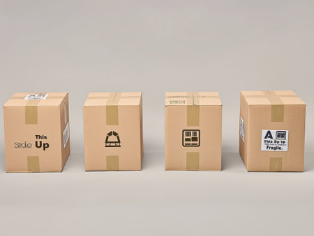 Four cardboard boxes with various shipping labels and symbols, indicating handling instructions.の素材