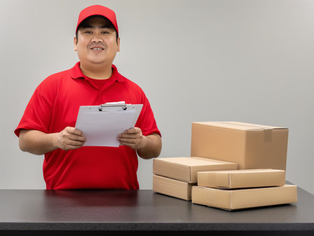 Smiling delivery person in red uniform holding a clipboard, standing next to stacked packages on a counter.の素材