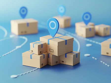 Stacked delivery boxes with location pins on a blue background, representing logistics and shipping.の素材