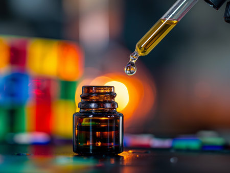 Close-up of a pipette dropping liquid into an amber bottle, with a vibrant, colorful background.の素材