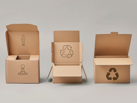 Three open cardboard boxes with recycling symbols, representing eco-friendly packaging and sustainability.の素材