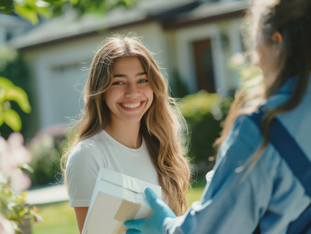 A cheerful woman receives a package from a delivery person in a residential neighborhood, symbolizing online shopping and home delivery services.の素材