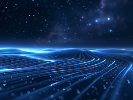 Abstract blue landscape with flowing lines and a starry sky, evoking a futuristic and cosmic feel.の素材