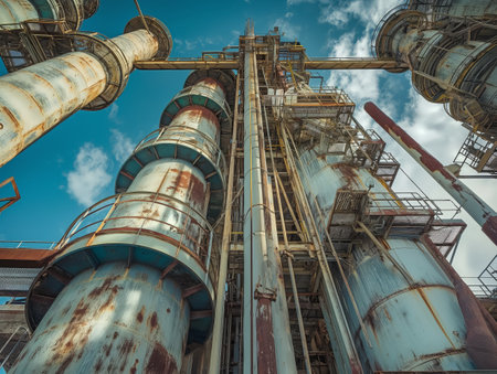 Low-angle view of rusty industrial towers with metal structures and pipes, set against a blue sky with clouds.の素材