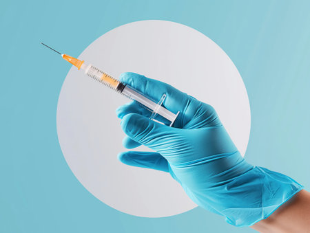 Close-up of a gloved hand holding a syringe with a needle, set against a blue background with a white circle.の素材