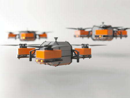 Three orange and black delivery drones flying in formation, representing advanced technology and innovation.の素材