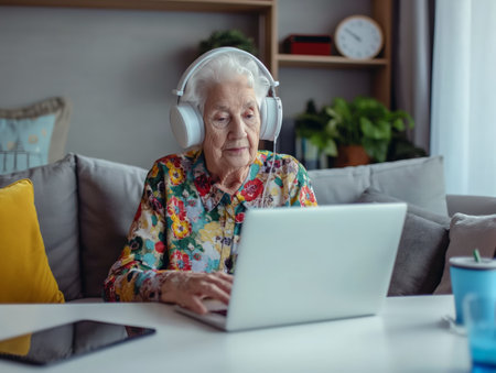 Elderly woman wearing headphones, using a laptop at home. Concept of technology, learning, and connectivity.の素材