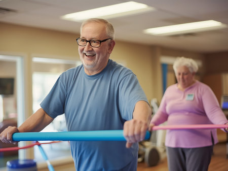 Elderly man and woman smiling while exercising with resistance bands in a fitness class. Promotes active aging and health.の素材