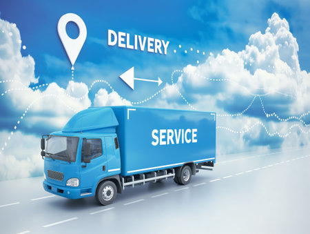 Blue delivery truck on a road with service and delivery concept, featuring a location pin and cloud background.の素材
