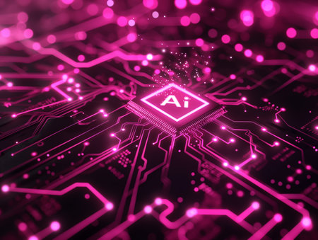 Close-up of a glowing pink AI circuit board, symbolizing advanced technology and artificial intelligence.の素材