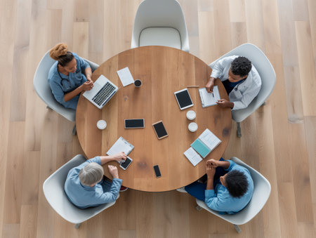 Top view of a diverse medical team in discussion around a round table with laptops, tablets, and documents.の素材