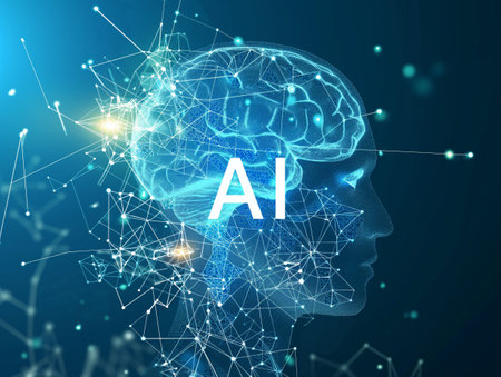Abstract digital illustration of a human brain with AI text, symbolizing artificial intelligence and technology.の素材