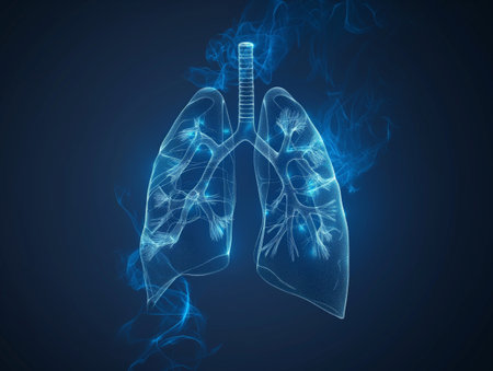 Digital illustration of human lungs with blue light effects on a dark background, symbolizing respiratory health and medical technology.の素材