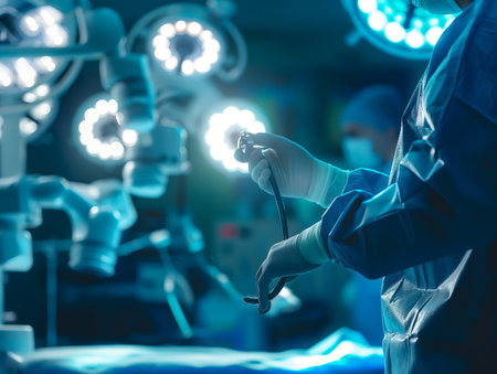 Surgeon in sterile attire holding a medical instrument in a well-lit operating room, highlighting advanced technology.の素材