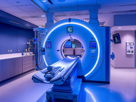 A state-of-the-art MRI machine in a high-tech hospital room, illuminated with blue lighting, ready for patient diagnostics.の素材