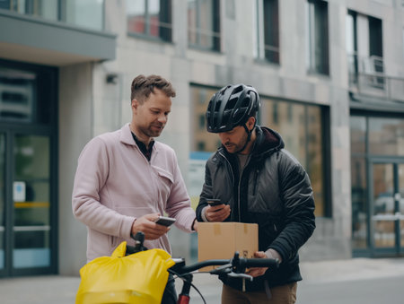 A man in a pink jacket receives a package from a cyclist wearing a helmet. Both are using their phones.の素材