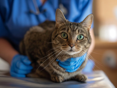 A tabby cat with green eyes is being gently held by a veterinarian wearing blue gloves and scrubs.の素材