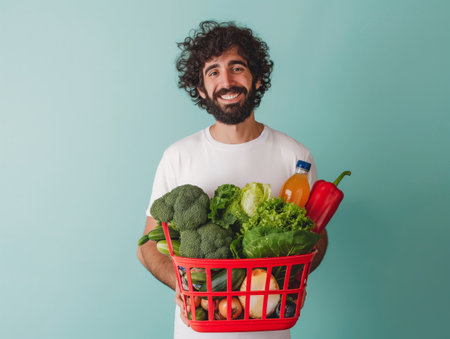 A smiling man in a white shirt holds a red basket filled with fresh vegetables and a bottle of juice, against a light blue background.の素材