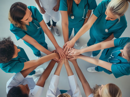 A group of healthcare professionals in scrubs and lab coats join hands in a circle, symbolizing teamwork.の素材