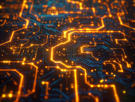 A close-up view of a circuit board with glowing orange and blue pathways, resembling a futuristic cityscape.の素材