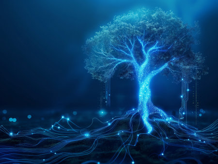 A glowing tree with luminous branches and roots, resembling a digital network, set against a dark blue background.の素材