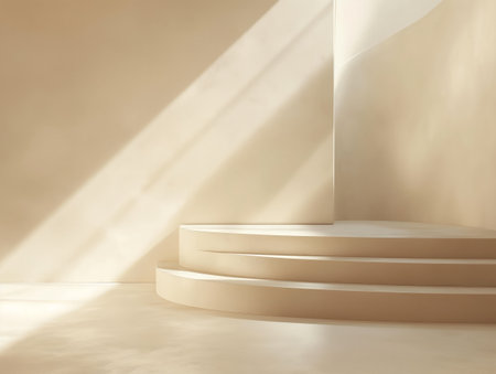 A minimalist interior features soft beige tones, curved steps, and sunlight casting gentle shadows.の素材