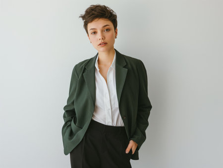 A person with short hair stands confidently, wearing a green blazer, white shirt, and black pants against a plain background.の素材