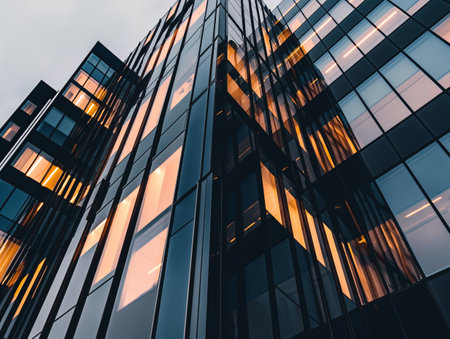 A low-angle view of a modern glass skyscraper with illuminated windows reflecting the evening sky.の素材