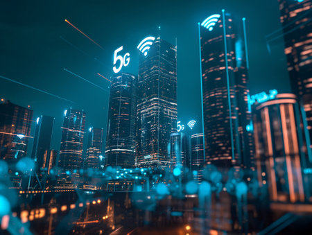 A vibrant, futuristic cityscape illuminated with neon lights, showcasing 5G connectivity symbols on skyscrapers.の素材