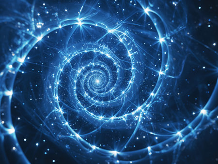 A mesmerizing image of a glowing blue spiral galaxy, with bright stars and cosmic dust swirling towards the center.の素材