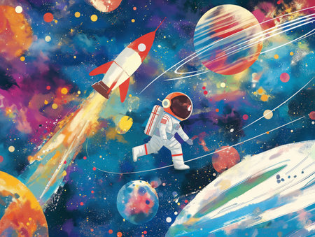 An astronaut floats in a vibrant, colorful space with planets and a rocket soaring past.の素材