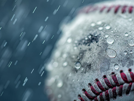 A close-up image of a baseball with water droplets on its surface, captured during rainfall The red stitching and worn texture are visibleの素材