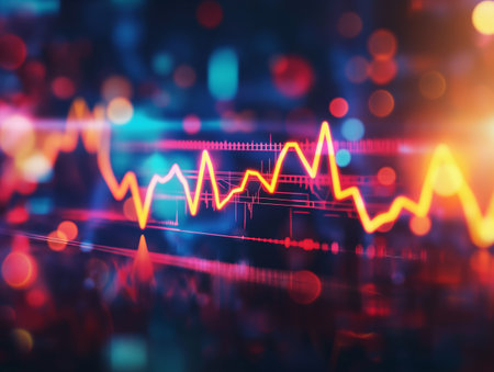 A dynamic, colorful graph with a glowing line chart against a blurred, bokeh background, representing financial dataの素材