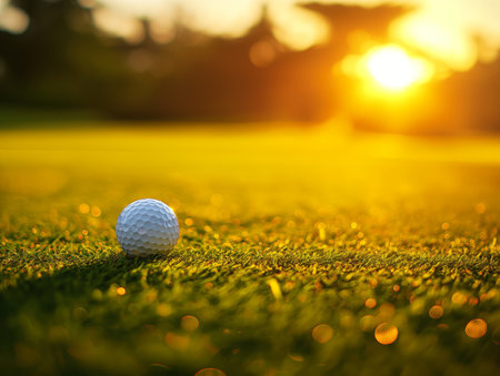 A close-up of a golf ball resting on vibrant green grass, illuminated by a golden sunset in the backgroundの素材