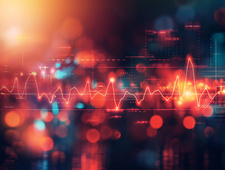 A vibrant digital waveform in red and orange hues overlays a background of colorful bokeh lights and abstract data elementsの素材