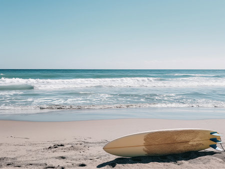 A surfboard lies on a sandy beach with gentle waves rolling in from the turquoise ocean under a clear skyの素材