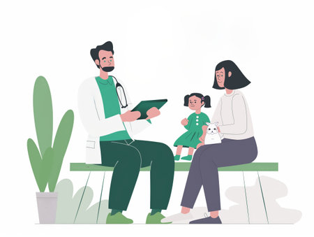 A doctor consults a mother and her child on a bench. The child holds a toy, and a plant is nearby.の素材