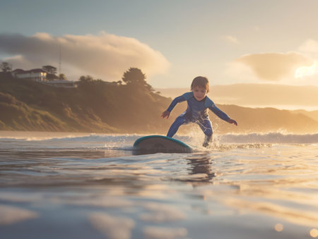 A child in a blue wetsuit surfs on a calm ocean at sunset, with hills and houses in the background.の素材