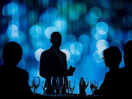 Silhouetted figures are seen at a formal event, with a blue bokeh background and glasses on the table.の素材