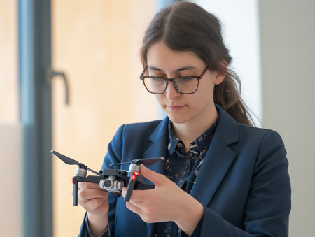 A woman in glasses and a blue blazer carefully examines a small drone indoors, focusing intently.の素材