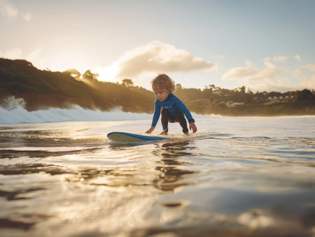 A young child in a blue wetsuit rides a surfboard on calm ocean waters at sunset, with a scenic coastline in the background.の素材