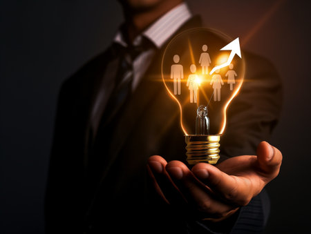 A businessman in a suit holds a glowing light bulb with human figures and an upward arrow inside, symbolizing growth and innovation.の素材