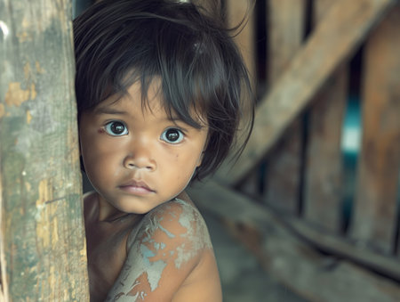 A young child with large, expressive eyes and mud on their shoulder peeks from behind a wooden post.の素材