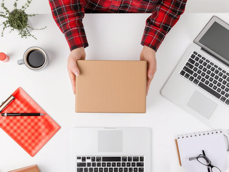 A person in a red plaid shirt holds a cardboard box over a white desk with laptops, a coffee cup, a plant, and office supplies.の素材