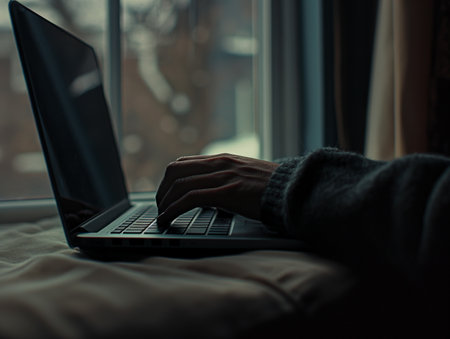 A person types on a laptop near a window, with soft natural light illuminating the scene.の素材