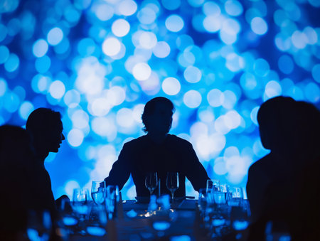 Silhouetted figures sit at a dinner table with glasses and plates, set against a vibrant blue bokeh background.の素材